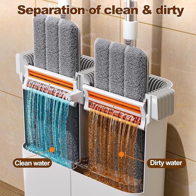 15.7" Flat Mop and Bucket Set with Wringer System | Wet Dry Floor Mop, 6 Reusable Microfiber Pads for Home, Tiny Home, Safe for Hardwood, Tile, Wall & Window Cleaning