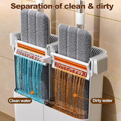 15.7" Flat Mop and Bucket Set with Wringer System | Wet Dry Floor Mop, 6 Reusable Microfiber Pads for Home, Tiny Home, Safe for Hardwood, Tile, Wall & Window Cleaning