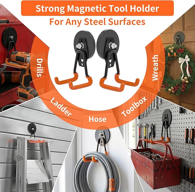 ENUODA Strong Magnetic Hooks Heavy Duty Upgraded Magnetic Tool Holder Rare Earth Magnets with Hooks for Hanging Wreath, Garden Tool, Toolbox, Shovel, Broom, Garage, Tool Chest, Organization, 4PCS