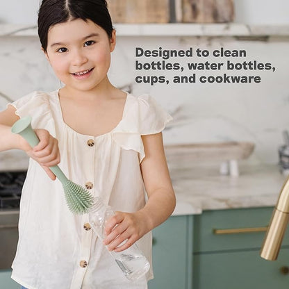 ezpz Bottle Brush (Gray) - Odor-Resistant Silicone Cleaning Tool with Long Sturdy Handle and Suction Base - Flexible Top for Tight Spaces - Gently Cleans Cups, Glasses, Bottles and Accessories