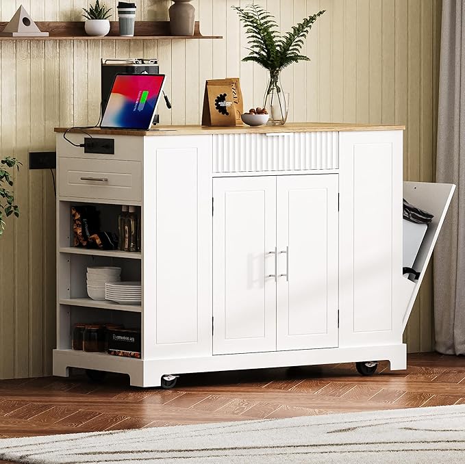 48.5" Kitchen Island with Trash Can Storage Cabinet, Power Outlet, Internal Storage Rack, Rolling Kitchen Islands Cart on 5 Wheels with 3 Drawers, 3 Open Side Racks, White