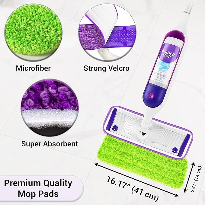 ARSUK Reusable Mop Pads Compatible with Swiffer PowerMop – Washable Velcro Replacement Microfiber Refills for 13''–16'' Spray Mop, Multi-Surface Cleaning Pads (3 Purple + 3 Green)