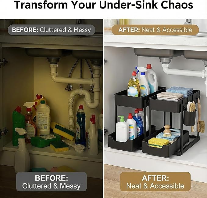 Under Sink Organizer – 2 Tier Sliding cabinet organizer with 4 Hooks & 1 Cup | Multi-Purpose Space Saving Shelf for under kitchen sink storage, Countertop, Bathroom, Pantry & Office Organization