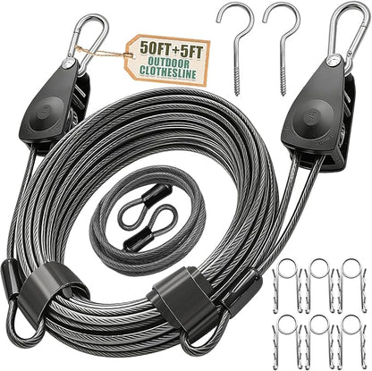 NAZOU Outdoor Retractable Clothesline, 3/16" 50ft+5ft Heavy Duty Coated Steel Wire Rope Clothes Line with Windproof Clamps, Portable Drying Line for Travel, Camping, Laundry, and Use