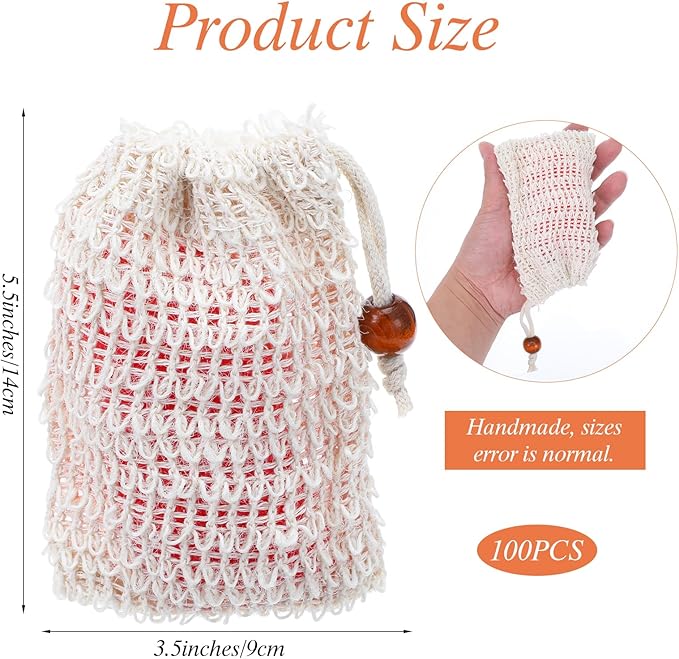 COMNICO 100 Pcs Soap Exfoliating Bag, Natural Sisal Soap Saver Bag Hand Made Pouch with Drawstring Mesh Net Drying Soaps Holder for Bath and Shower
