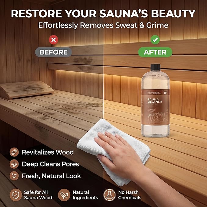 Heavy Duty Sauna Cleaner for Home & Infrared Saunas — 32 fl oz — Makes 5–10 Gallons — Perfect for Sauna Wood Benches/Walls/Floors, Removes Sweat, Oil, Dirt & Odors