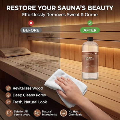 Heavy Duty Sauna Cleaner for Home & Infrared Saunas — 32 fl oz — Makes 5–10 Gallons — Perfect for Sauna Wood Benches/Walls/Floors, Removes Sweat, Oil, Dirt & Odors