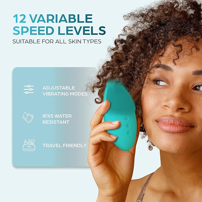 Bella Ciao 12-Speed Gentle Facial-Cleansing Brush, Rechargeable Silicone Face Scrubber, Deep-Cleaning and Exfoliating Face-Wash Brush, Water-Resistant Design, Aqua