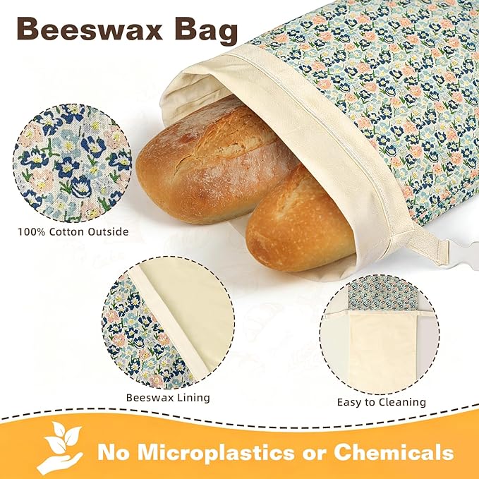 2 Pack XL Reusable Beeswax Bread Bags for Sourdough Baking, Organic Waxed Lined, Cotton Bread Bags for Homemade Bread, Food-Storage Bag to Keep Fresh