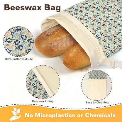2 Pack XL Reusable Beeswax Bread Bags for Sourdough Baking, Organic Waxed Lined, Cotton Bread Bags for Homemade Bread, Food-Storage Bag to Keep Fresh