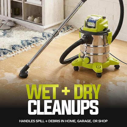 Sun Joe Cordless Vacuum Cleaner, Stainless Steel Wet or Dry Kit with Battery, Charger, Brush, Nozzle & Tubes, 24V, 5.3 Gallon - Vacuuming Machine for Home, Garage and Outdoor Cleaning, 24V-WDV6000