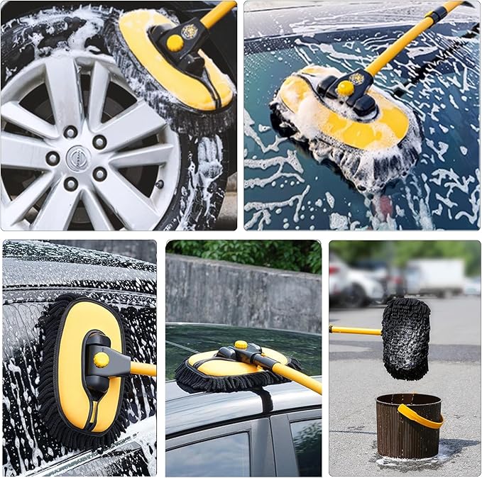 43'' Car Wash Brush with Long Handle Chenille Microfiber Car Wash Kit Mitt Retractable Bent Pole Car Wash Mop for Cars RV Truck Boat (yellow-01)