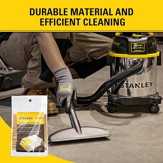 3 Pack STANLEY Disposable Filter Bag 25-1228, for 1-3.5 Gallon Wet/Dry Vacuum, Dust Bag Compatible with STANLEY SL18136