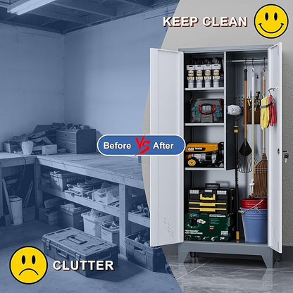 Metal Garage Storage Cabinets with Lock- 61" Tall Broom Closet Storage Cabinet & Pantry Organizer for Laundry Room, Home Office, Gym, School