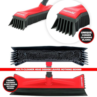 Roamwild Multi-Cleaner Rubber Pull Broom & Dustpan Combo Set with Unique Corner Cleaning Blades for Wet & Dry Mess Pet Hair Fur Removal for Hard Floors and Carpets