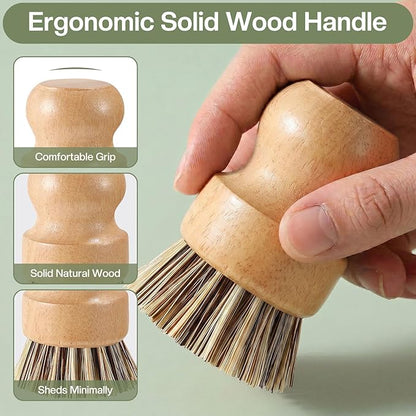 Wooden Dish Brush with Metal Stand Handheld Bamboo Wok Brush Scrubber for Dishes Pans Pots Fruit and Veggie Washing(1,Beige Brown)