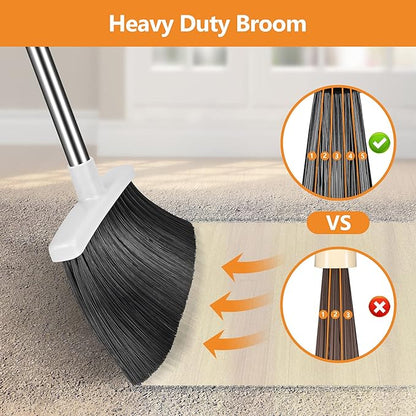 Folews Broom and Dustpan Set, Heavy Duty Dust Pan with Long Handle 51 Inch Broom with Dustpan Combo Set Upright Self-Cleaning Dust Pan Home Kitchen Lobby Indoor Outdoor Sweeping Cleaning Tool - Gray