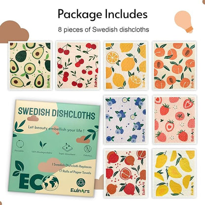 Eulnars 8 Pack Swedish Dishcloths for Kitchen, Fruit Swedish Dishcloths, Reusable Paper Towels Washable, Biodegradable, Non-Scratch Cellulose Sponge Cloths, No Odor