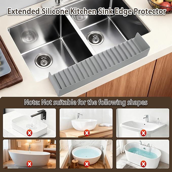 Silicone Sink Edge Protector with Suction Cup 4" x 24",Kitchen Sink Splash Guard for Kitchen, Bathroom Sink, Steel, Granite, Quartz Countertops,Multifuctional Sink Accessories (Gray)