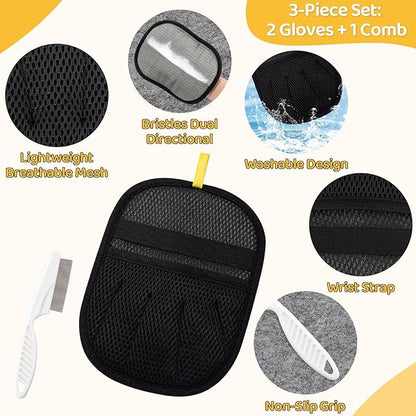 Pet Hair Removal Glove for Dogs & Cats, Upgraded 2PCS Five-Finger Electrostatic Pet Hair Remover with Grooming Comb, Reusable Washable Magic Brush Hair Tool Mitt for Clothing, Couch, Carpet, Car Seat