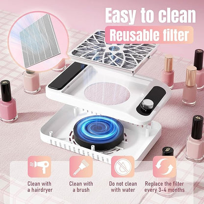 Nail Dust Collector Vacuum for Nail Techs – Powerful Suction, Quiet 3-Speed Fan, Reusable HEPA Filter, One-Knob Control, Compact Portable for Gel/Acrylic Nails, Salon & Home