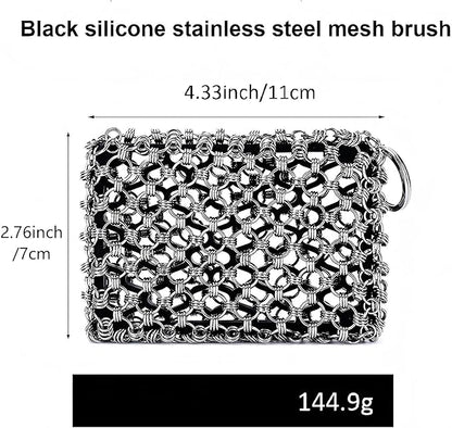 NTMY 316 Stainless Steel Pan Cleaner with Silicone Core – 4.5 Inch Dish Pot Brush,Cast Iron Scrubber, Metal Dish Scrubber,Chain Mail Scrubber for Oven&Grill Kitchen Cleaning Black