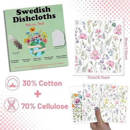 Swedish Dishcloths for Kitchen, 6PCS Wildflower Cellulose Sponge Reusable Paper Towels Washable, Flower Absorbent Fast Drying Swedish Dish Cloth for Home Cleaning