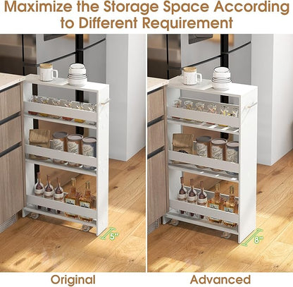 Giantex 4 Tier Rolling Slim Storage Cart, 8" Narrow Slide Out Kitchen Cart w/Handle & Open Shelves, Space-Saving Compact Mobile Utility Trolley for Small Space Laundry Room (White)