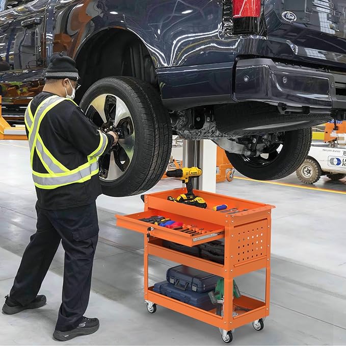 3 Tray Rolling Tool Cart with Drawers, 400 LBS Capacity Mechanic Tool Cart on Wheels, Heavy Duty Utility Cart with Pegboard, Tool Storage Cart for Garage and Repair Shop, Orange