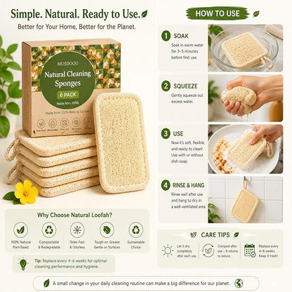 Natural Loofah Dish Scrubber Sponges, 6 Pack Large Plant-Based Kitchen Cleaning Pads, Compostable Non-Scratch Scouring Sponge for Dishes, Sink, Grout and Tile, 4.4 x 2.8 in