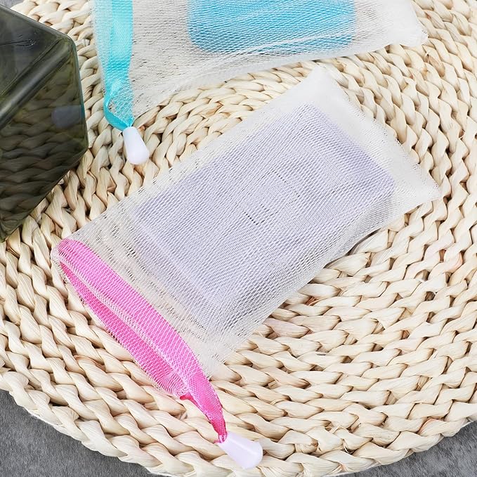 Ymapinc 15Pcs Bar Soap Scrubber Pouch, 6.1x3.1inch Exfoliating Shampoo Bar Savers Bag Loofah Pouch Sleeves with Drawstring for Bath and Shower