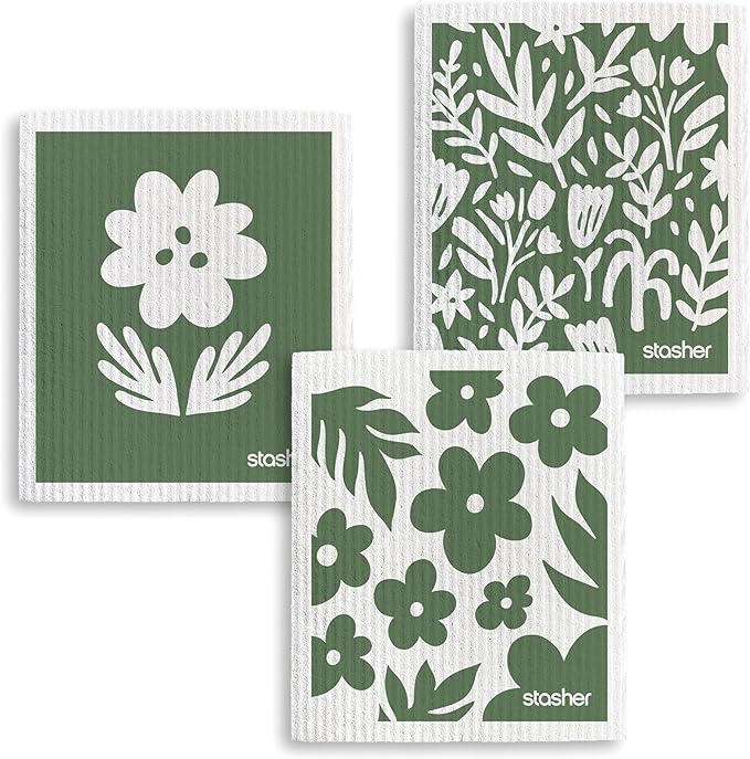 Stasher Swedish Dishcloths for Kitchen, 3-Pack Reusable Dish Cloths, Super Absorbent, Soft, Washable, Biodegradable, Paper Towel Alternative, Quick Drying, Dishwasher Safe, Floral Print, 7" x 8"