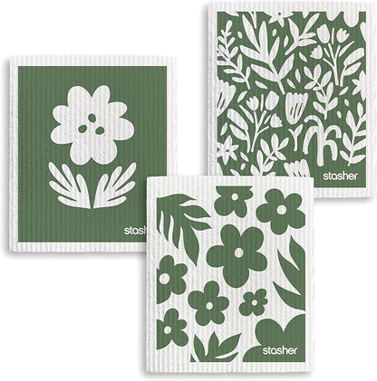Stasher Swedish Dishcloths for Kitchen, 3-Pack Reusable Dish Cloths, Super Absorbent, Soft, Washable, Biodegradable, Paper Towel Alternative, Quick Drying, Dishwasher Safe, Floral Print, 7" x 8"