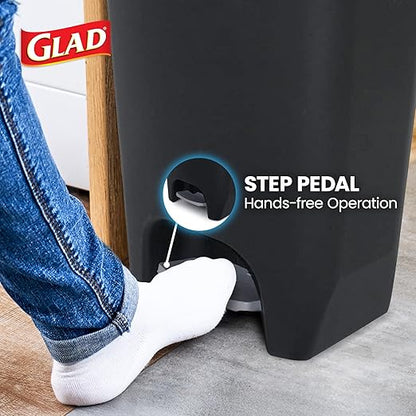 Glad 13 Gallon Trash Can | Plastic Kitchen Waste Bin with Odor Protection of Lid | Hands Free with Step On Foot Pedal and Garbage Bag Rings, Black