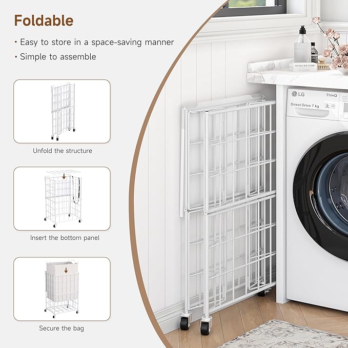 90L Laundry Basket with Wheels, Large Capacity Laundry Hamper with Removable Liner Bags, Heavy Duty Laundry Sorter with Solid Wood Lid & Leather Handles, White