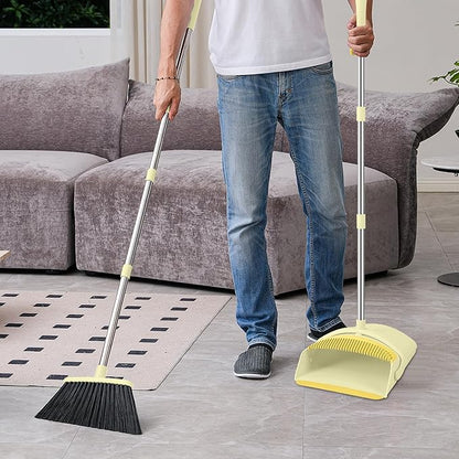 BSKLIN Broom and Dustpan Set House Brooms for Sweeping Indoor Collapsible Broom and Dust Pan Combo for Home Office Kitchen Lobby Floor Pet Hair (Small-Yellow)