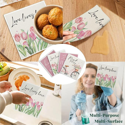 Hello Spring Decor Swedish Dishcloths, Pink Tulips, 4 Pack Reusable Paper Towels, Cotton and Wood Pulp Blend, 6.7 x 7.5 Inches