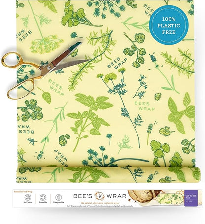 Bee's Wrap Vegan Beeswax Wraps for Food - Cut to Size 14x52" Beeswax Wrap Roll - Plastic Free Made in USA Reusable Natural Food Wrap - Herb Garden