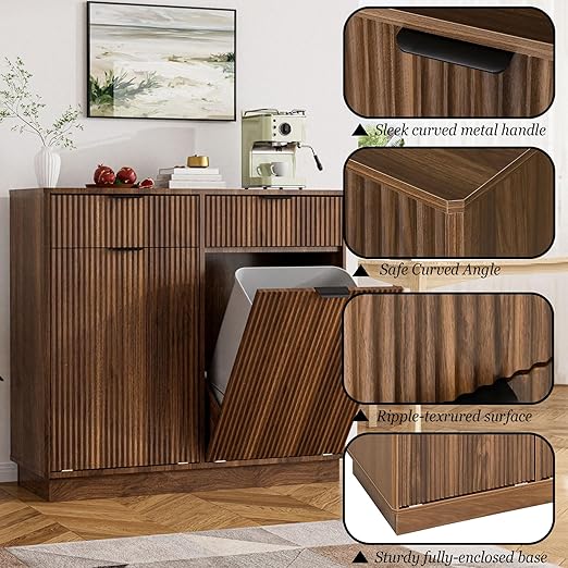 20 Gallon Double Tilt Out Trash Can Cabinet,Fluted Tilt Out Laundry Hamper Cabinet,Suitable for Kitchens, Laundry Rooms and Living Rooms Walnut Brown