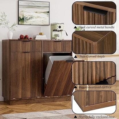 20 Gallon Double Tilt Out Trash Can Cabinet,Fluted Tilt Out Laundry Hamper Cabinet,Suitable for Kitchens, Laundry Rooms and Living Rooms Walnut Brown