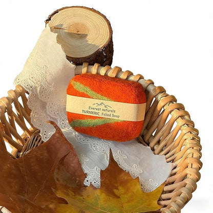 Handmade Felted Soap with Tibetan Yak Milk & Wool Natural Exfoliating Bar for Face & Body, 6 Scents, Includes Bamboo Dish & Travel Pouch (Turmeric)