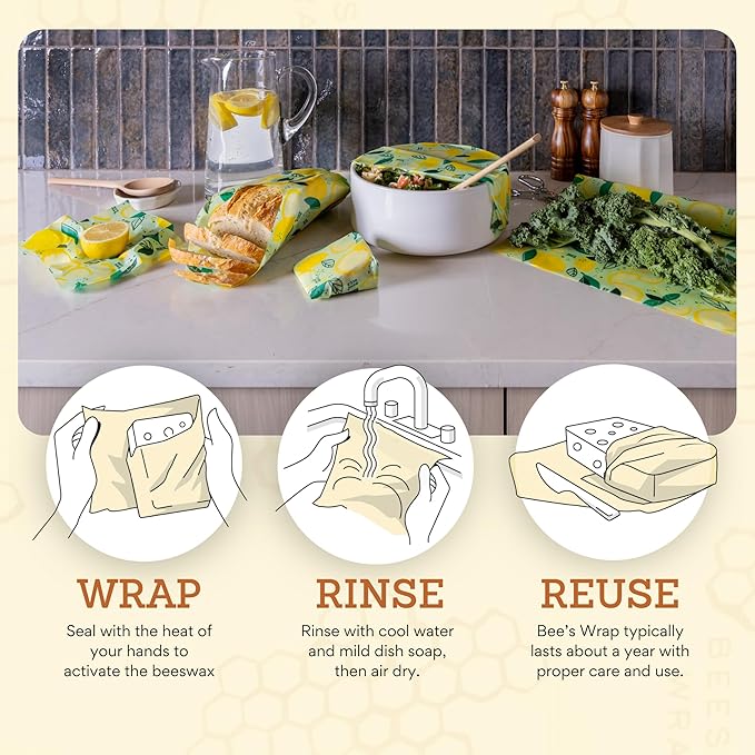 Bee's Wrap - Limited Edition - Beeswax Wraps for Food - 3 Pack of Assorted Beeswax Wraps - Small, Medium & Large Wrap - Plastic Free Made in USA Reusable Natural Food Wrap - Fresh Squeeze Print