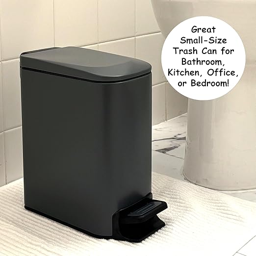 Homie Soft Close, Slim Trash Can 6 Liter / 1.6 Gallon with Anti - Bag Slip Liner and Lid, Use as Mini Garbage Basket, Slim Dust Bin, or Decor in Bathroom, Restroom, Kitchen, or Bedroom (Matte Gray)