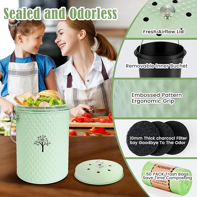 AOSION Countertop Compost Bin Kitchen，Odorless Indoor Compost Bin with Lid and 50 Pack Compost Bags,Compost Bucket Composter Container for Food Waste,Green