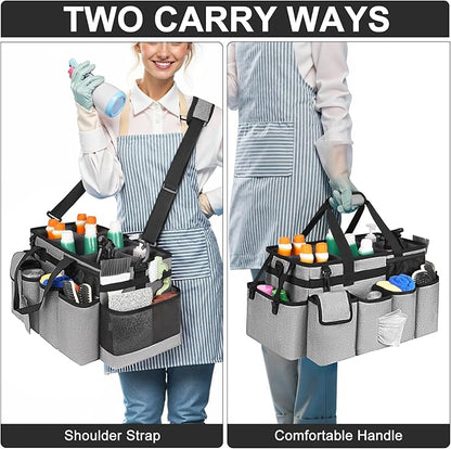 Cleaning Caddy Bag,Extra Large Cleaning Supplies Organizer with Handle for Housekeepers,Gray