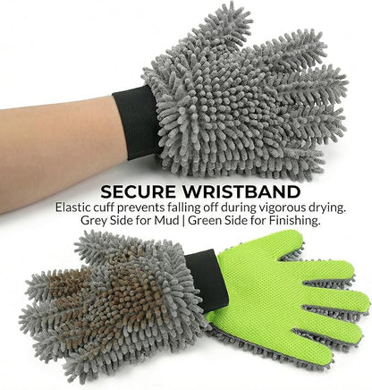 Dog Washing Gloves and Chenille Dog Drying Mitts, Dual-Sided Bath Sponge Alternative & Muddy Mitt for Paws, 3 Pcs Set (2 Gloves + 1 Towel)