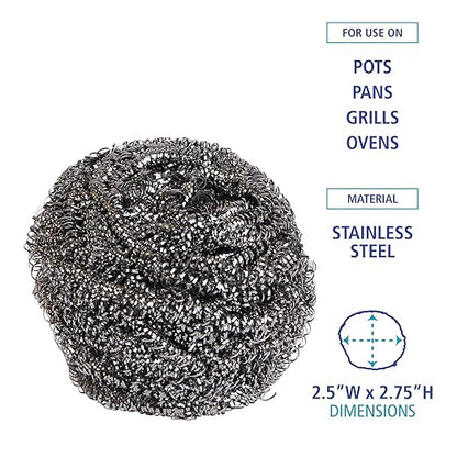 Boardwalk Stainless Steel Scrubber, Large Size, 2.5 x 2.75, Steel Gray, 12/Carton