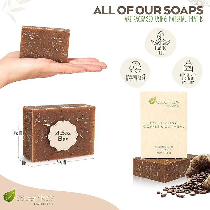 Aspen Kay Naturals Coffee & Oatmeal Exfoliating Soap, Natural and Organic Coffee Scrub. With Organic Shea Butter & Pure Essential Oils. A Wonderful Oatmeal Soap, For Men & Women. (2 pack)