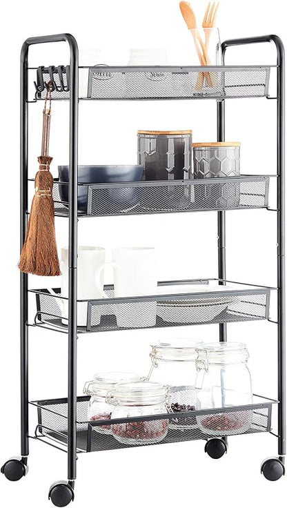 JANE EYRE Rolling Utility Storage Rack Cart on Wheels, Trolley Carft cart, Multi-Purpose Organizer Shelf (Black, 4 Tier)…