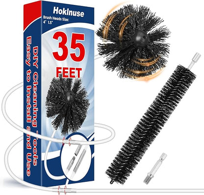 HOKLNUSE Dryer Vent Cleaner Kit Ducts Cleaning Kit for Dryer Air Duct HVAC Vent Fireplace Chimney Pellet Stove Gutter Downspout Dryer Vent Lint Removers with 1.5"&4" Brush Heads (35Feet)